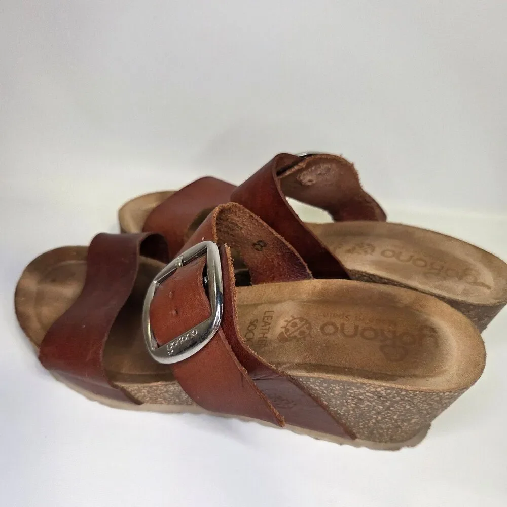 Yokono Brown Leather Wedge Buckle Slide Sandals Size 8 Spain